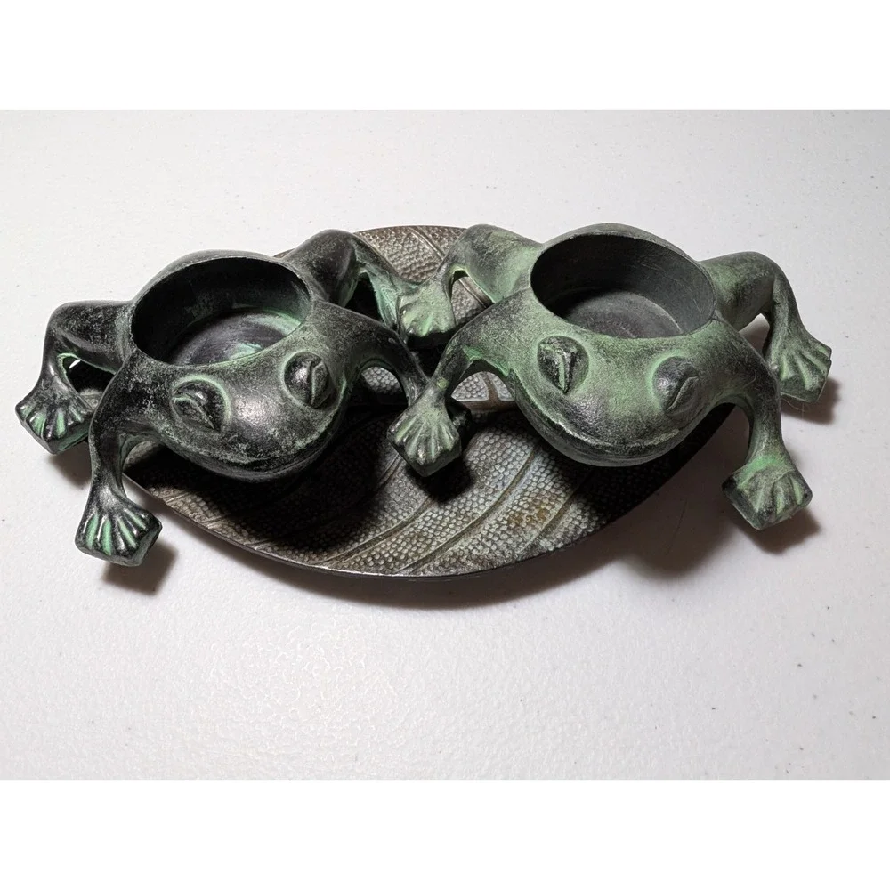 Vintage Two Frogs on Leaf Candle Holder Heavy Cast Metal Verdigris